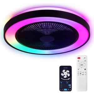 2-in-1 Low Profile Ceiling Fan with Light, 20 Caged Safety Design for Kids - RGB Color, Smart APP/Remote Control, Quiet Flush Mount DC Motor, Ideal for Bedroom/Living Room/Kitchen, Black