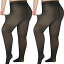 Delcast Plus Size Fleece Lined Tights Women - Fake Translucent Sheer Warm Thermal Pantyhose Leggings for Winter (Large-X-Large Plus Petite, Black+black)