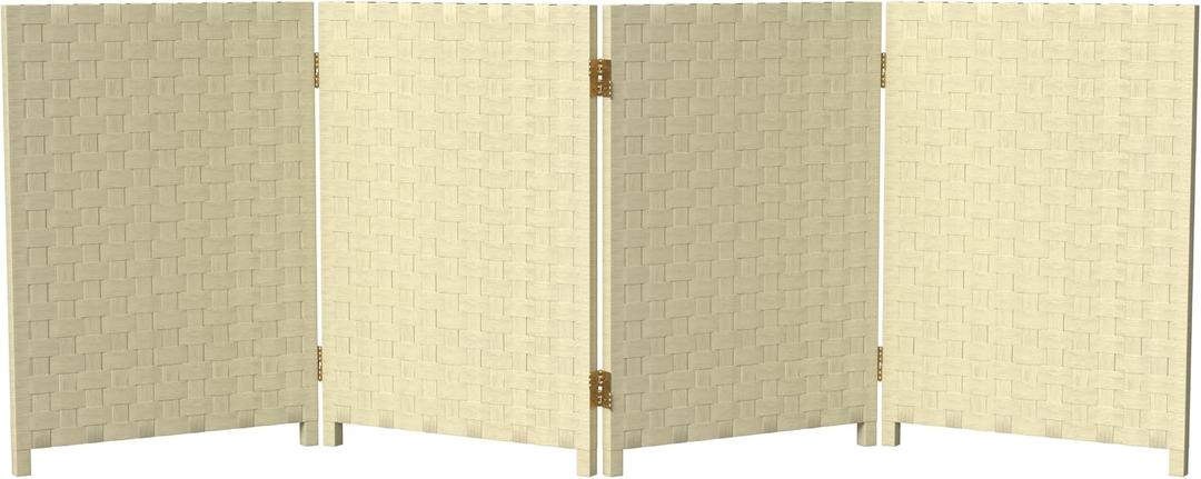 Red Lantern 2 ft. Short Woven Fiber Folding Screen - 4 Panel - Cream