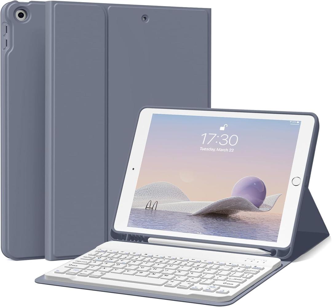 Keyboard Case for iPad 9th/8th/7th Generation 10.2 Inch 2021/2020/2019, Soft TPU Back Stand Cover Smart Case with Pencil Holder, Magnetically Detachable Wireless Bluetooth Keyboard, Purple