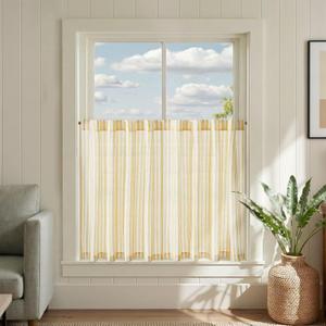 Jinchan Striped Linen Kitchen Curtains 36 Inches Tier Curtains Farmhouse Modern Cafe Style Small Window Treatments Airy Light Filtering Rod Pocket for Living Room Bathroom 2 Panels Mustard Yellow