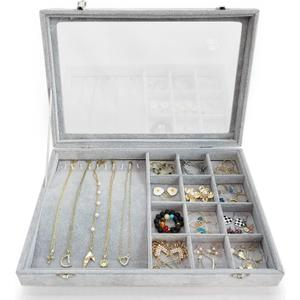 Ice Velvet Jewelry Box Display Case with a Clear Glass Window,10 Hooks Necklace Organizer Box and 12 Grids for Earrings Rings Storage Grey