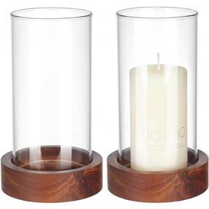 WEBEEDY 2 Sets Hurricane Glass Candle Holders Pillar Candle Holder with Wood Plate Base, Table Decorative, Holder Table Centerpieces for Wedding, Birthday Party, Christmas, Kitchen