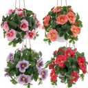 Woration 4 Pack Artificial Fake Hanging Bonsai Flowers Potted Faux Begonia Summer Spring Indoor Outdoor Hanging Plants Decoration - Pink, Orange, Red, Purple