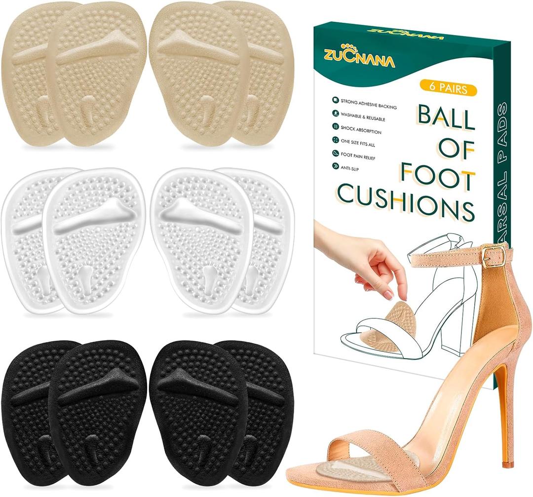 ZUCNANA Metatarsal Pads Ball of Foot Cushions (6 Pairs), Non Slip High Heel Cushion Inserts Women, One Size Fits All Shoe Inserts for Women and Men, Reusable Foot Pads All Day Pain Relief and Comfort (Beige + Black + Clear)