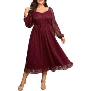 SCOMCHIC Womens Plus Size Cocktail Dress Wedding Guest Lace Long Sleeve Formal Party Maxi Dresses, 4XL
