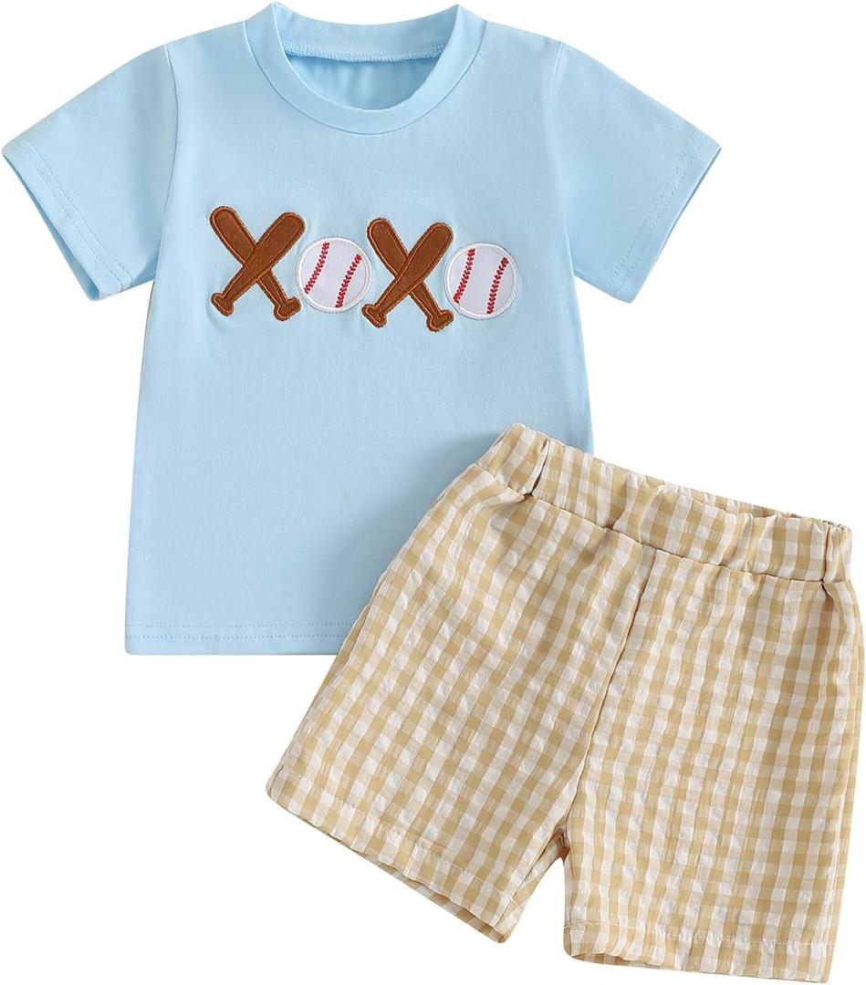 Toddler Baby Boy Summer Clothes Baseball T-shirt Tops and Gingham Plaid Shorts Set Infant Game Day Football Outfit 2-3T