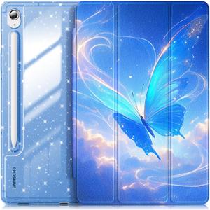 INFILAND Case for Samsung Galaxy Tab S10 Lite /S10 FE/ S9 FE 5G 10.9 Inch/Tab S9 11 Inch with S Pen Holder, Glitter Cute Cover with Sparkly Clear Back [Auto Wake/Sleep] for Girls Kids (Blue Flutter)