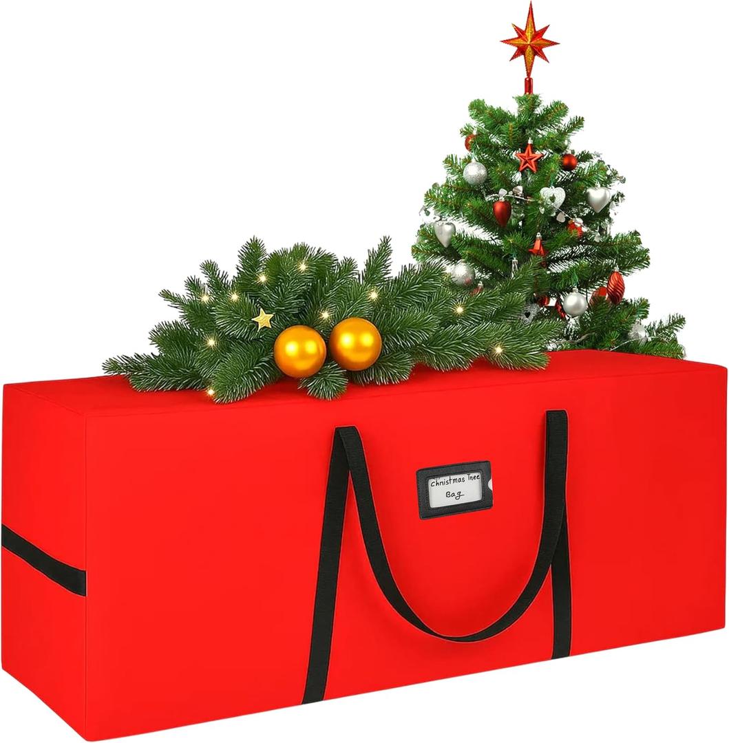 QUENTRO Heavy Duty Christmas Tree Storage Bag - Fits Up to 9ft Tall - Waterproof 600D Polyester Xmas Tree Bag with Reinforced Handles & Secure Zipper Foldable Durable Holiday Storage Solution (Red), 65" x 25" x 20"