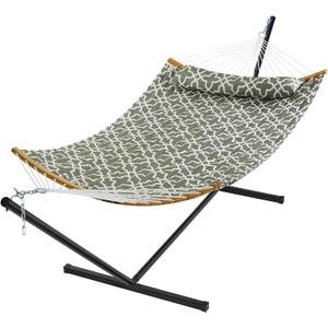 SUPERJARE Hammock with Stand, 2 Person Heavy Duty Hammock with Padded Cotton, Detachable Pillow & Strong Curved-Bar & Portable Carrying Bag, Perfect for Outdoor & Indoor, Grey with White Flower