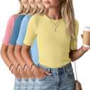 4 Pack Girls Soft Shirts | Short Sleeve, Ribbed, Slim Fit Tops, Crewneck, Cute, Casual, Basic Tee Shirts, Summer, Stretchy, Daily School Wear