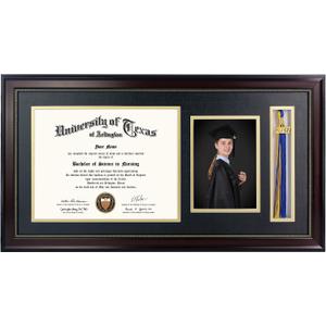 GraduationMall 11x22 Mahogany Diploma Frame with Tassel Holder and Picture for 8.5x11 Certificate 5x7 Photo,Real Glass,Black over Gold Mat