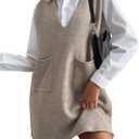 GORGLITTER Women's Sleeveless V Neck Fall Sweater Dress 2025 Dual Pocket Straight Wedding Guest Mini Dresses (Beige, M)