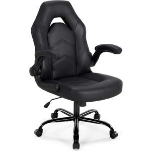 DUMOS Ergonomic Computer Gaming Chair - Home Office Desk with PU Leather Lumbar Support, Height Adjustable Big and Tall Video Game with Flip-up Armrest, Swivel Wheels for Adults, Black