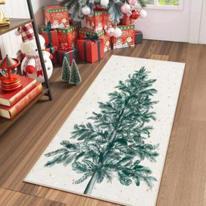 Lahome Christmas Rug Non-Slip 2x4 Rug Washable Small Runner Rug, Stain Resistant Hallway Runner Soft Beige Runner Rug for Bedroom, Christmas Tree Print Snowflake Holiday Decor Rug for Bathroom Entry