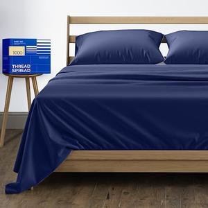 THREAD SPREAD 100% Pure Egyptian Cotton Queen Size Sheets - 1000 High Thread Count, 4 PC Luxury Hotel Sheets, 16" Deep Pocket Soft Sateen Cooling Bedding Sets - Navy Blue