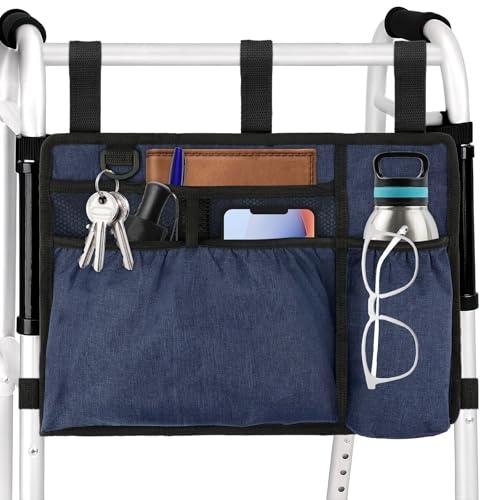 Walker Bag Basket with Cup Holder for Folding Walker Accessories for Seniors Elderly, Handicap, Foldable & Water Resistant Walker Storage Bags with Big Capacity - Dark Blue
