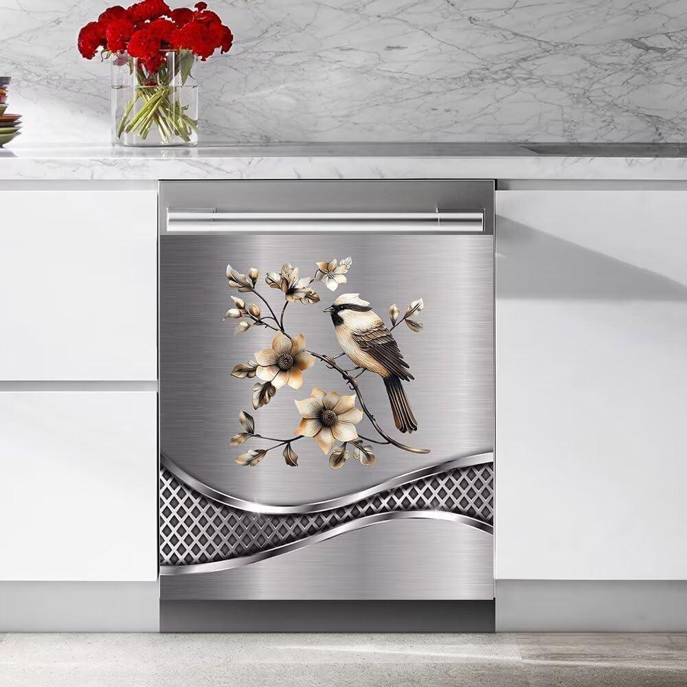 Imitation Stainless Steel Design Bird Pattern Dishwasher Cover Magnetic Sticker Refrigerator Door Panel Cover Fridge Appliance Magnet Decal Sheet 23x26 inch