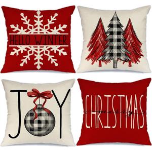 GEEORY Christmas Pillow Covers 18x18 Set of 4 for Xmas Decorations Buffalo Plaid Check Christmas Tree Joy Snow Pillow Cases Winter Holiday Throw Pillows Farmhouse Decor for Couch (Red)