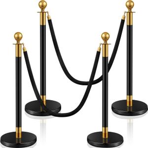 Ferraycle 4 Pcs Stainless Steel Stanchion Post Queue 5 ft Velvet Carpet Ropes and Pole Crowd Control Barriers Grand Opening Casino Theme Party Decorations 360 Photo Booth Accessories (Black and Gold)