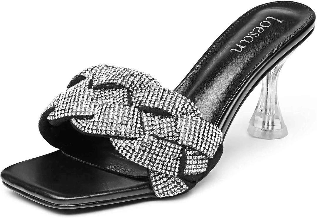 Women's Rhinestone Braided Heels Sandals Open Square Toe Stilettos Heels Clear Lucite Heeled Mules Slip On Sexy Dress Wedding High Heel Slippers (7, Black)