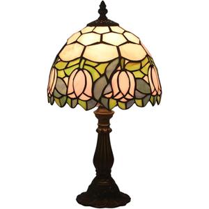 Tiffany Style Table Lamp, Pink Tulip Stained Glass Lamp, 8 Inch Small Antique Lamp, for Bedside Nightstand Bedroom Living Room Home Office, Include LED Bulb