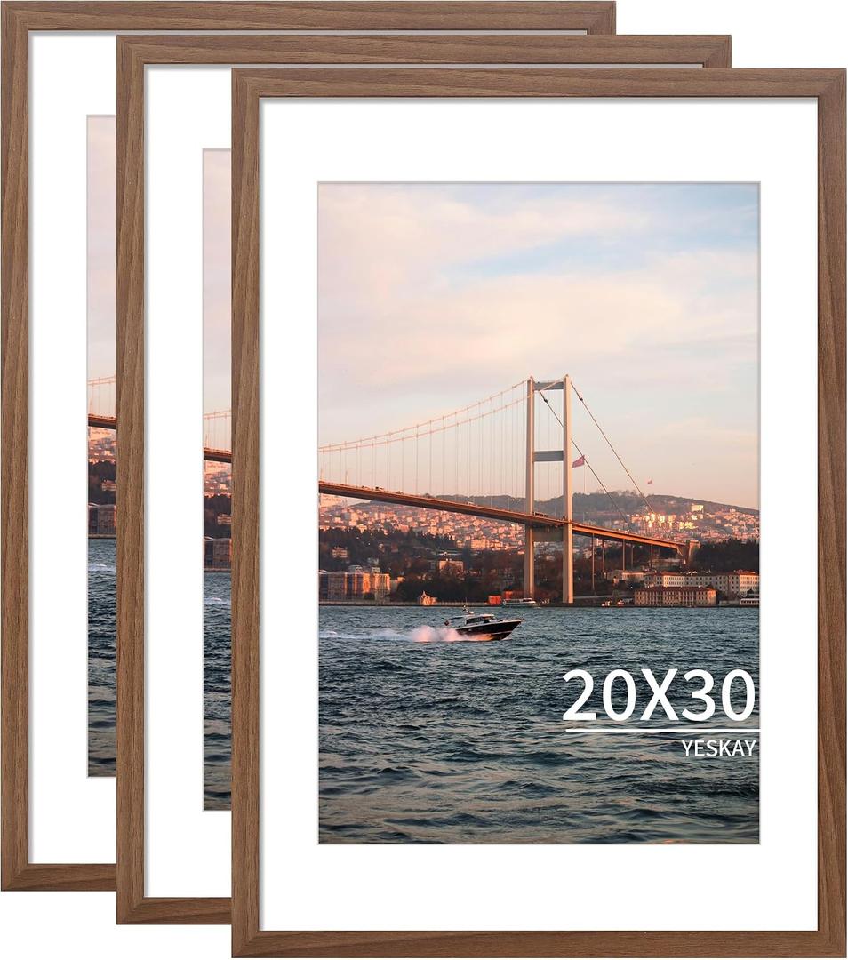 YESKAY 20x30 Picture Frame Brown Set of 3, Display Pictures 16x24 with Mat or 20 x 30 Without Mat, Poster Frames 20x30 for Wall Hanging Horizontal and Vertical