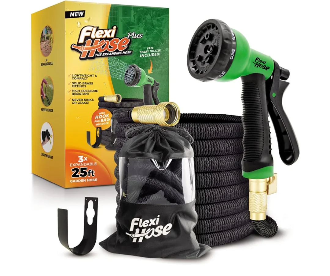Flexi Hose PLUS with 8 Function Nozzle Expandable Garden Hose, Lightweight & No-Kink Flexible Garden Hose, 3/4 inch Solid Brass Fittings and Double Latex Core, 25 ft Black