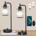 Black Table Lamps Set of 2 with LED Bulbs, Crystal Shade, Modern Bedside Lamps for Night Stands with USB Charging Ports and Outlet, Industrial Nightstand Desk Lamp for Bedroom Living Room