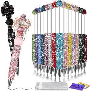 Tondiamo 45 Pcs Full Rhinestone Beadable Pens Bulk Set 15 Glitter Diamond Pens with Cards & Bags Fancy Beaded Pen for Beads DIY Cute Journalling Bling Ballpoint Craft Making(AB Colored Diamonds)