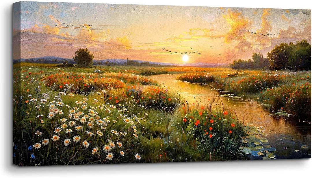 SERIMINO Large Canvas Wall Art, Sunset Landscape Canvas Prints, Marshland Scenery Paintings Wall Decor, Meadow Wildflowers Pictures Wall Decorations for Bedroom Living Room Dining Room 20"X40"