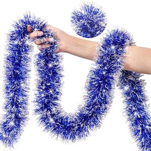 50 Feet Blue Christmas Tinsel Garland for Christmas Tree Decorations, Xmas Metallic Twist Shiny Hanging Garland Decor for Mantle Stairs Fireplace Home Holiday Indoor Outdoor