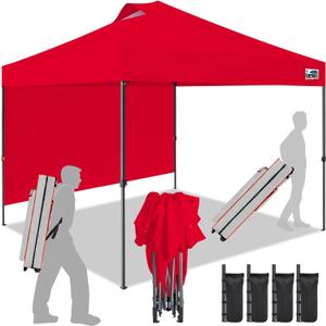 Eurmax USA NOMATTER ONE-Person Open&Close 10x10ft Pop Up Canopy Tent,Portable Shelter Canopy for Outdoor Events with 1 Removable Sidewall,Instant Canopies,Temporary Sunshade,Bonus 4 Sand Bags(Red)