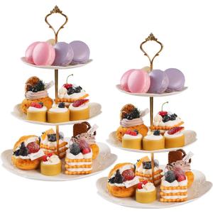 Barelove 3 Tier Plastic Cupcake Stand, Cake Display Tiered Serving Tray, 2 Pack Plastic Dessert Pastry Candy Platter Holder Tower for Wedding, Birthday, Tea Party, Baby Shower Decor (Round, White)
