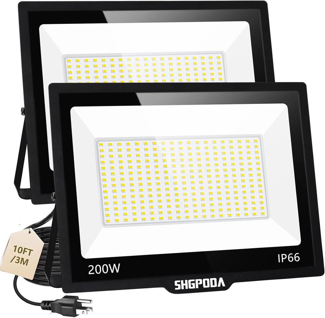 2 Pack 200W LED Flood Lights Outdoor, 24000LM Brighter Security Lights with Plug+10ft Cord, IP66 Waterproof, 5000K White Floodlight for Yard, Garden, Stadium, Playground, Arena
