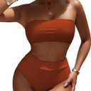 Pink Queen Women's High Waist Bikini Set Removable Strap Bandeau Two Piece Swimsuit Bathing Suit (01 - Burnt Orange)