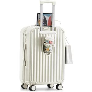 Hard Shell Carry On Luggage With Cup Holder & Charger, 20IN Carry On Luggage With Spinner Wheels, 360 Rotatable, Airline Approved TSA-locked Luggage Unisex (White)