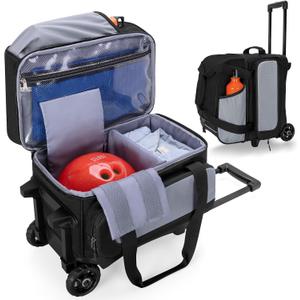 GOBUROS Single Ball Roller Bowling Bag with Wheels and Retractable Handle Extends to 35.4 Inches, Single Bowling Ball Bag with Shoe Compartment and Multiple Accessory Pockets, Black and Gray