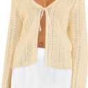 Saodimallsu Womens Summer Crochet Lightweight Cardigans Tie Front Mesh Knit Long Sleeve Casual V Neck Beach Cover Ups (Beige)
