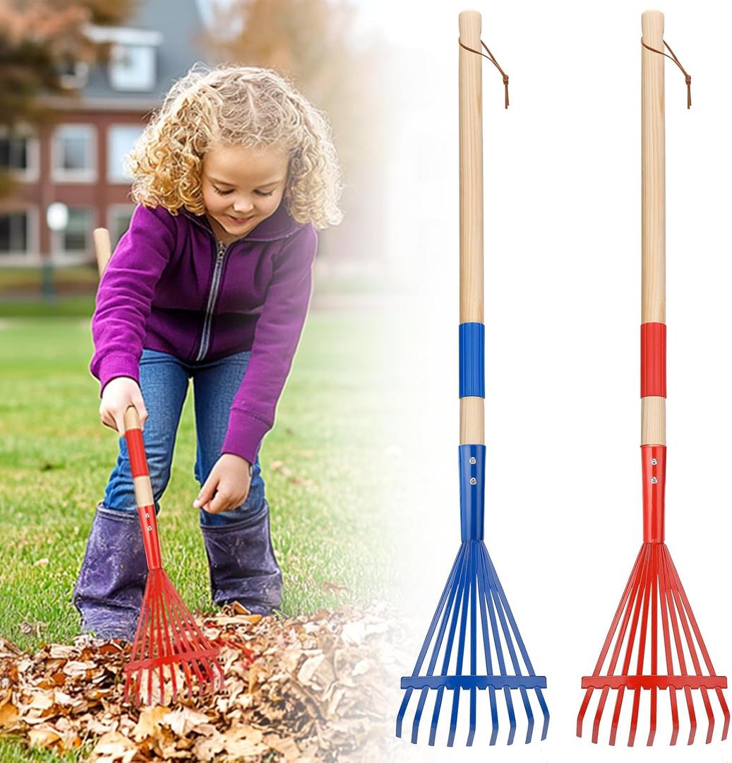 Kids Rakes with Hardwood Handle - Child Size Garden and Lawn Rake for Leaves, Kids Lightweight & Cute Rakes with Vibrant Blue and Red Heads, Great for 3+ Years Kids Garden Tools Gifts 28", 2PCS