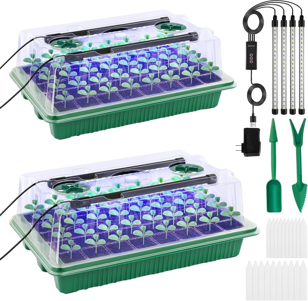 Seed Starter Tray with Timed Grow Light, 2 Pack 80 Cells Plant Starter Tray Seedling Starter Kit with Humidity Domes Base Indoor Mini Greenhouse Plant Germination Trays for Seeds Growing Starting