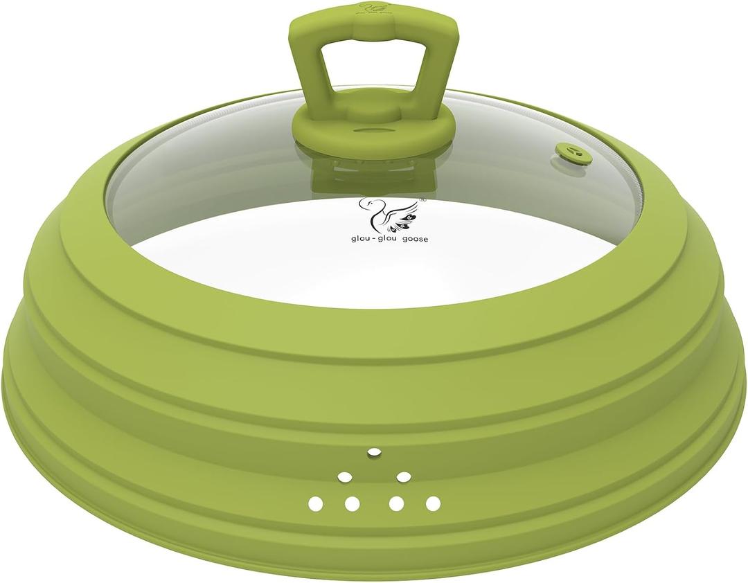 Microwave Splatter Cover Vented Glass Splatter Guard Lid with Collapsible Silicone for Food as Pot Cover 11.8 inch Large Plate for 6 7 8 9 10 11 inch Plate Bowl
