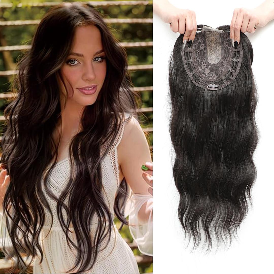 PANEWAY Hair Toppers For Women 20inch Long Wavy Curly Hair Topper Darkest Brown Clip In Synthetic Wiglets Hair Pieces For Women (20 Inch)