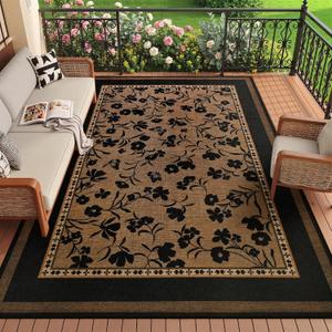 Easy Jute 4x6 Outdoor Rug Bohemian Brown Dense Floral | Washable, Non Slip, Stain Resistant, Thin Door Decor for Indoor Patio Backyard Bedroom Kitchen Living Room Balcony