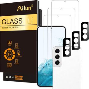 Ailun Tempered Glass Screen Protector for Galaxy S22 - 3 Pack Screen Protectors + 3 Pack Camera Lens Protectors - Fingerprint Unlock Compatible, Clear Case Friendly (S22 6.1 inches, Transparent)