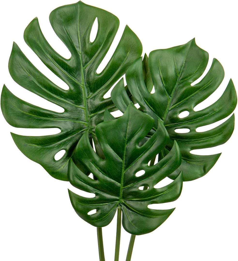 DILATATA 3 Pack Artificial Monstera Leaves with Long Stem for Vase - Fake Tropical Plants Palm Leaves Realistic Philo Turtle Leaves for Home Wedding Party Decor