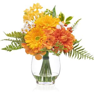 Fake Flowers in Vase with Fake Water, Realistic Faux Silk Dahlia & Gerbera Daisy Artificial Flower Arrangements for Fall Winter Home Wedding Thanksgiving Birthday Party Decor & Gift (Yellow & Orange)