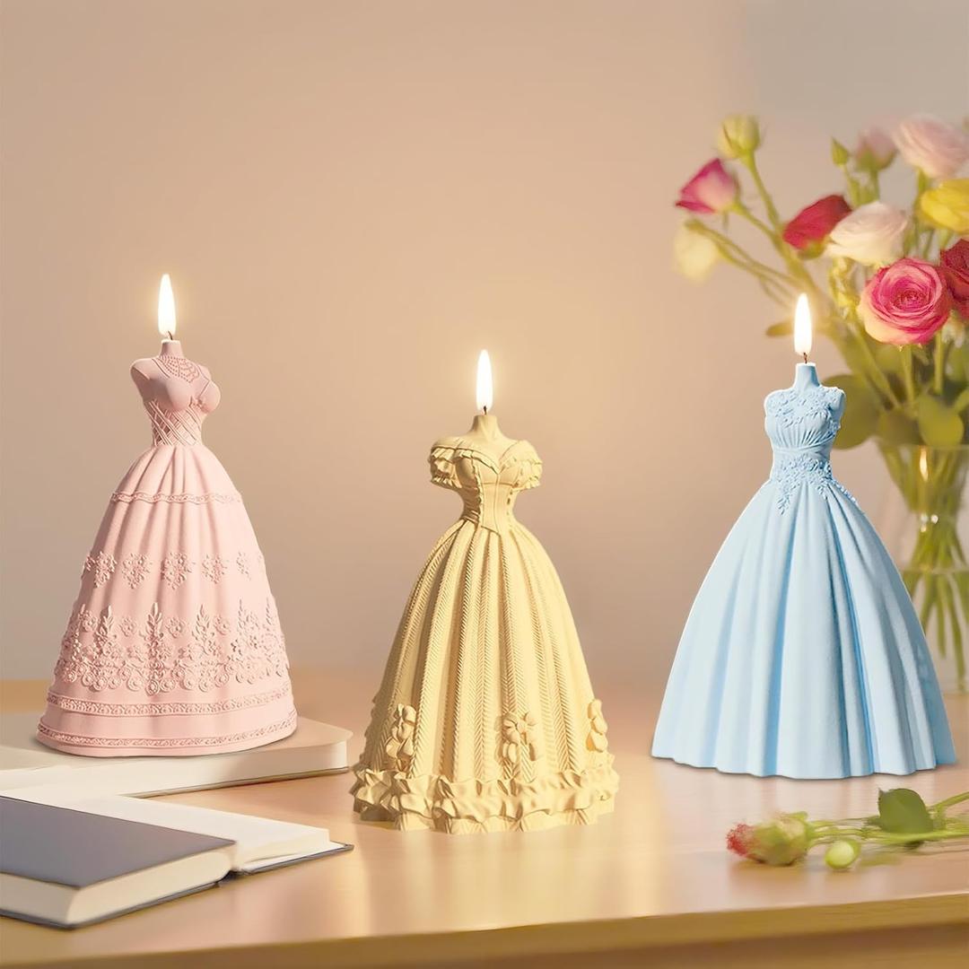 3 PCS 3D Wedding Bride Dress Candle Molds, Skirt Princess Dress Silicone Mold for Candle Making, Epoxy Resin Casting Mold for Soap DIY Handcraft, Perfect for Home Decor Wedding Valentine's Day Gifts