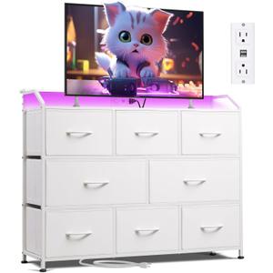 WLIVE Led Dresser for Bedroom, White Dresser TV Stand for Bedroom with LED Lights and Power Outlet, Wide Chest of Drawers for Hallway, 8 Fabric Drawers for Living Room and Entryway, Easy to Assemble