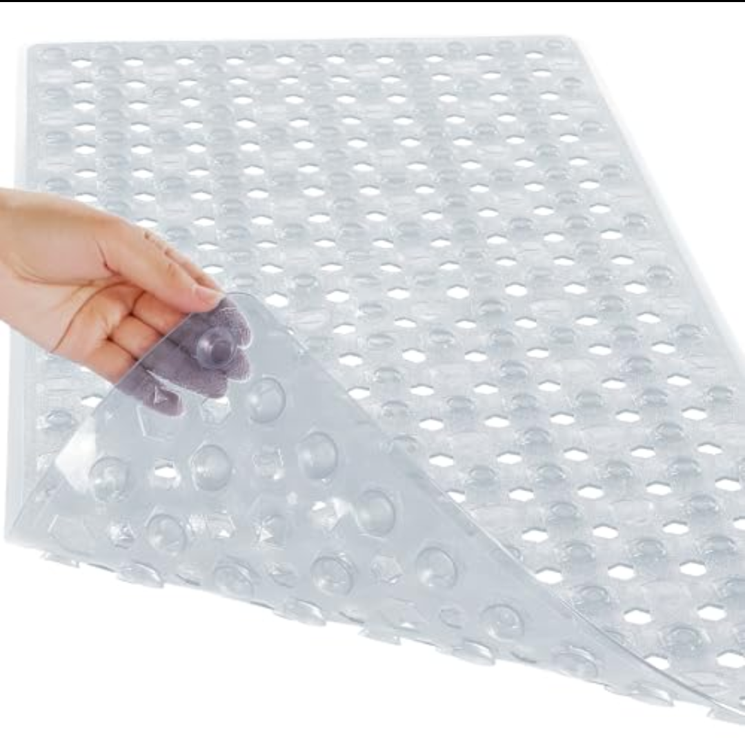 Yimobra Bathtub Mat Non Slip, Machine Washable Shower Floor Mat, Soft on Feet, Bathmat with Drain Holes and Suction Cups, Bathroom Essentials, Clear